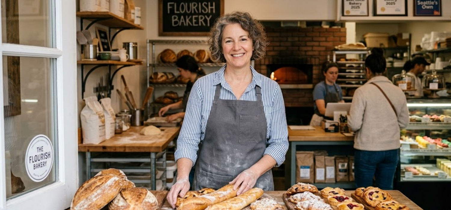 Baker in an apron smiling in a kitchen, confidently protected with business insurance